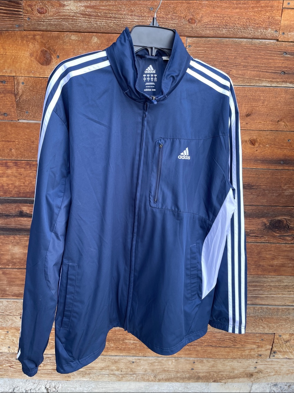 Adidas Men’s XL Navy Blue White 3-Stripe Full Zip Track Jacket Windbreaker